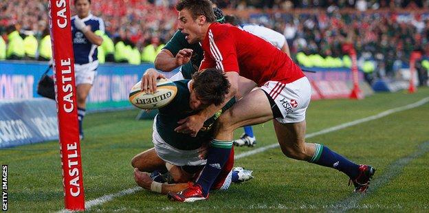 Tommy Bowe makes a tackle in the 2009 Lions tour of South Africa