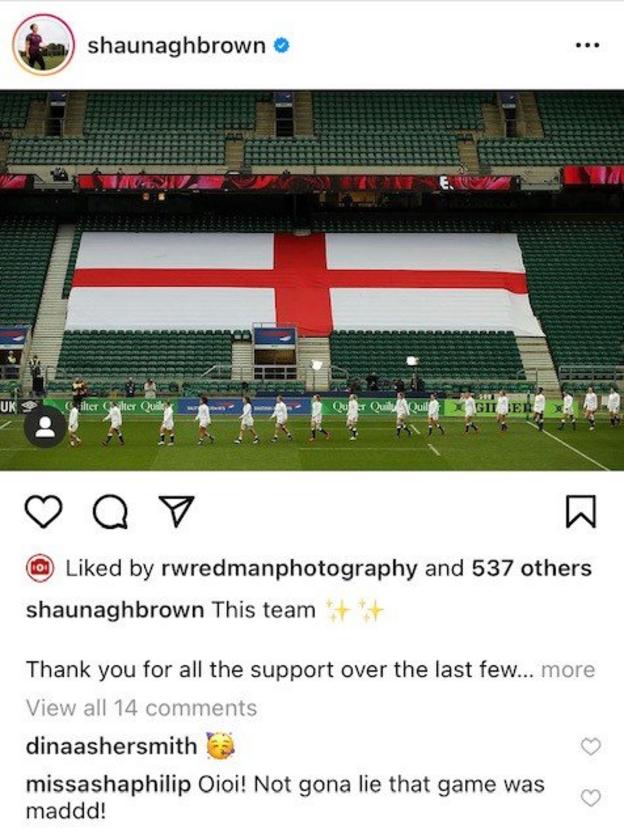 An Instagram post by Shaunagh Brown with comments from Dina Asher-Smith (a party hat emoji) and Asha Philip (Oioi! Not gona lie that game was mad!)