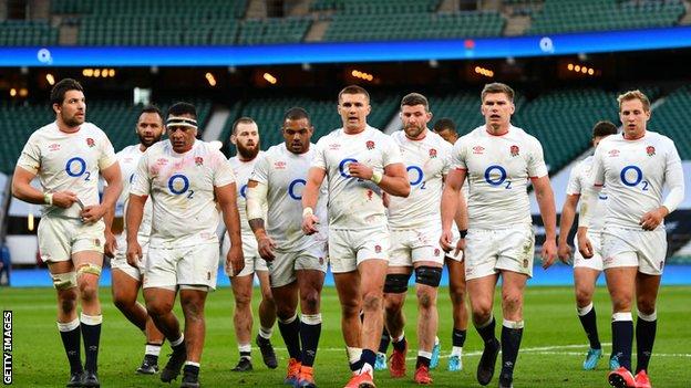 England players in their 2021 Six Nations match against France