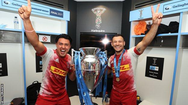 Marcus Smith and Danny Care celebrate after winning the Premiership title in June