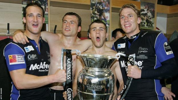 Chris Jones, Mark Cueto, Richard Wigglesworth and Magnus Lund celebrate Sale's Premiership success