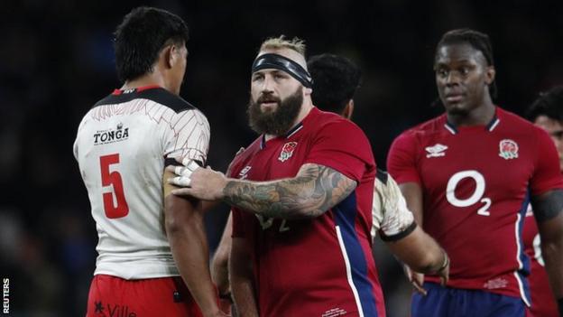 Joe Marler shaking hands with a Tonga player after Saturday's Test match