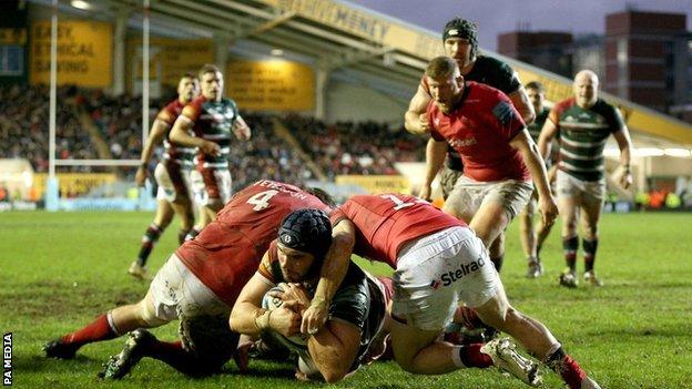 Leicester number eight George Martin dived over for the third of the Tigers' first-half tries against Newcastle