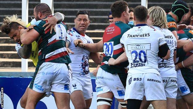 Bristol and Leicester players clash after the final whistle