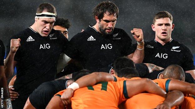 New Zealand and Australia players lock in for a scrum during The Rugby Championship and Bledisloe Cup match at Eden Park on August 14