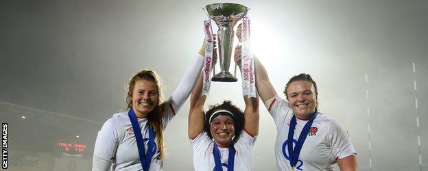 Jess Breach, Shaunagh Brown and Sarah Bern lift the Women's Six Nations trophy