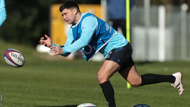 Scrum-half Ben Youngs throws a pass in England training