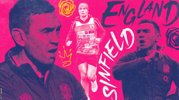 A graphic with the words 'England' and 'Sinfield', pictures of Kevin Sinfield coaching England and a picture of him running