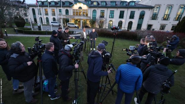 The media assemble to speak to Wales captain Ken Owens and acting chief executive Nigel Walker