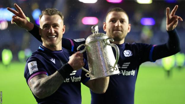 Stuart Hogg celebrates a Calcutta Cup win with Finn Russell