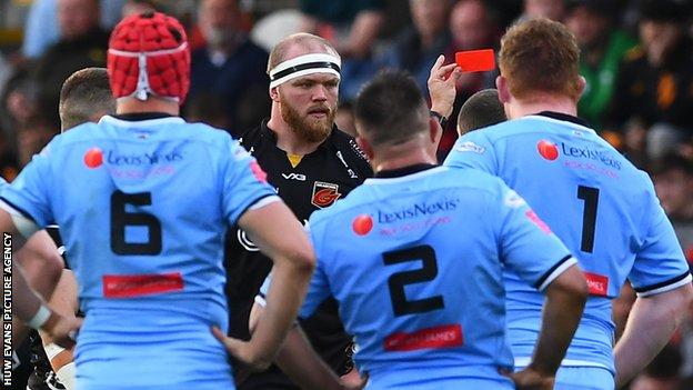 Dragons lock Joe Davies is shown a red card against Cardiff