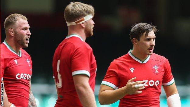 Dragons back row trio Ross Moriarty (L), Aaron Wainwright and Taine Basham featured together in Wales' summer tests